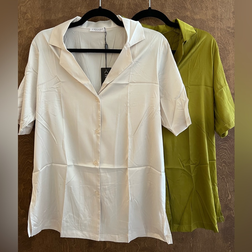 Chigant Women's Short Sleeve Satin Blouse Button Down
